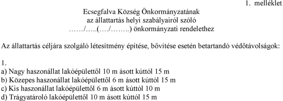 a) Nagy haszonállat lakóépülettől 10 m ásott kúttól 15 m b) Közepes haszonállat lakóépülettől 6 m ásott kúttól