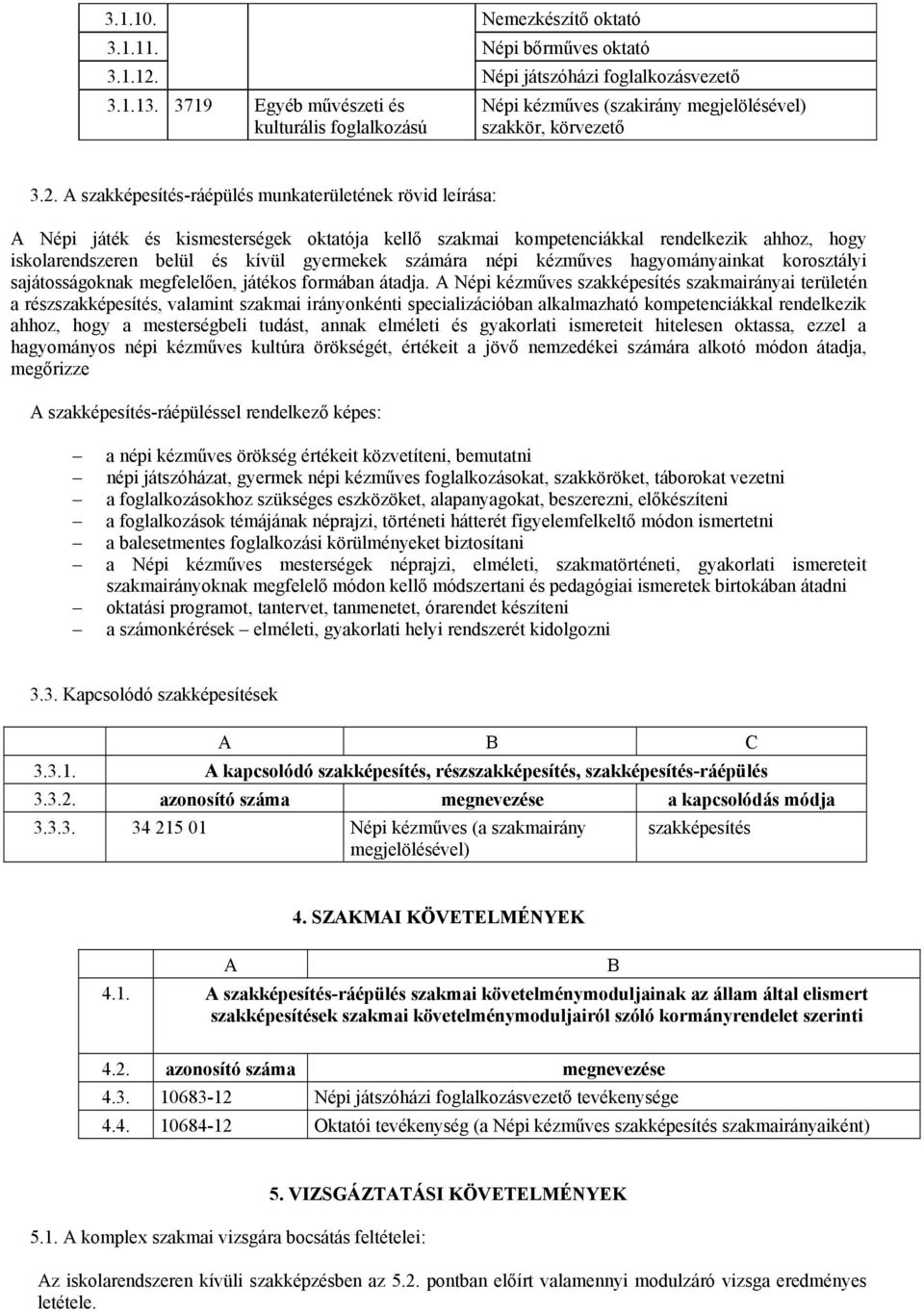 A szakképesítés-ráépülés munkaterületének rövid leírása: A Népi játék és kismesterségek oktatója kellő szakmai kompetenciákkal rendelkezik ahhoz, hogy iskolarendszeren belül és kívül gyermekek