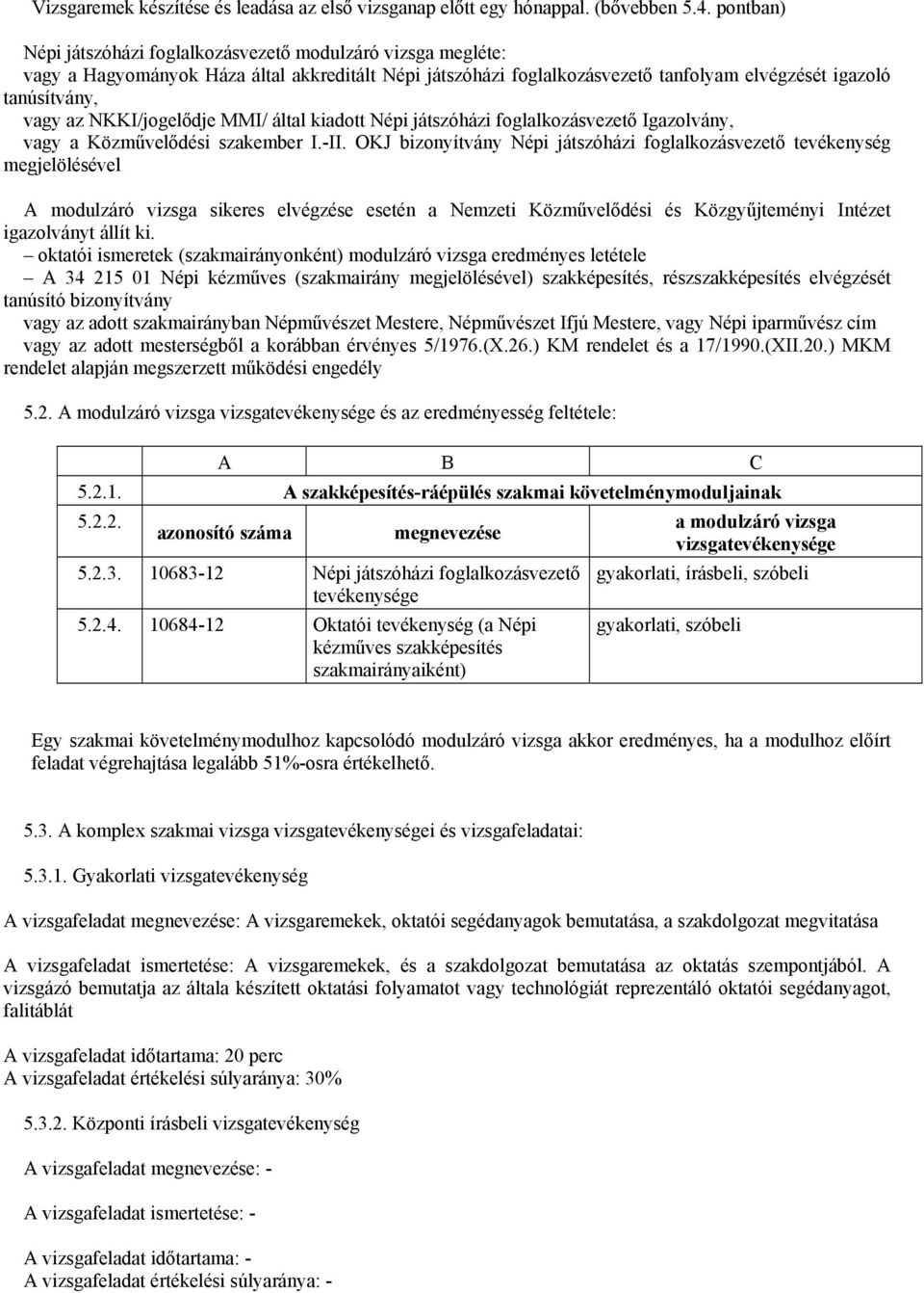 NKKI/jogelődje MMI/ által kiadott Népi játszóházi foglalkozásvezető Igazolvány, vagy a Közművelődési szakember I.-II.