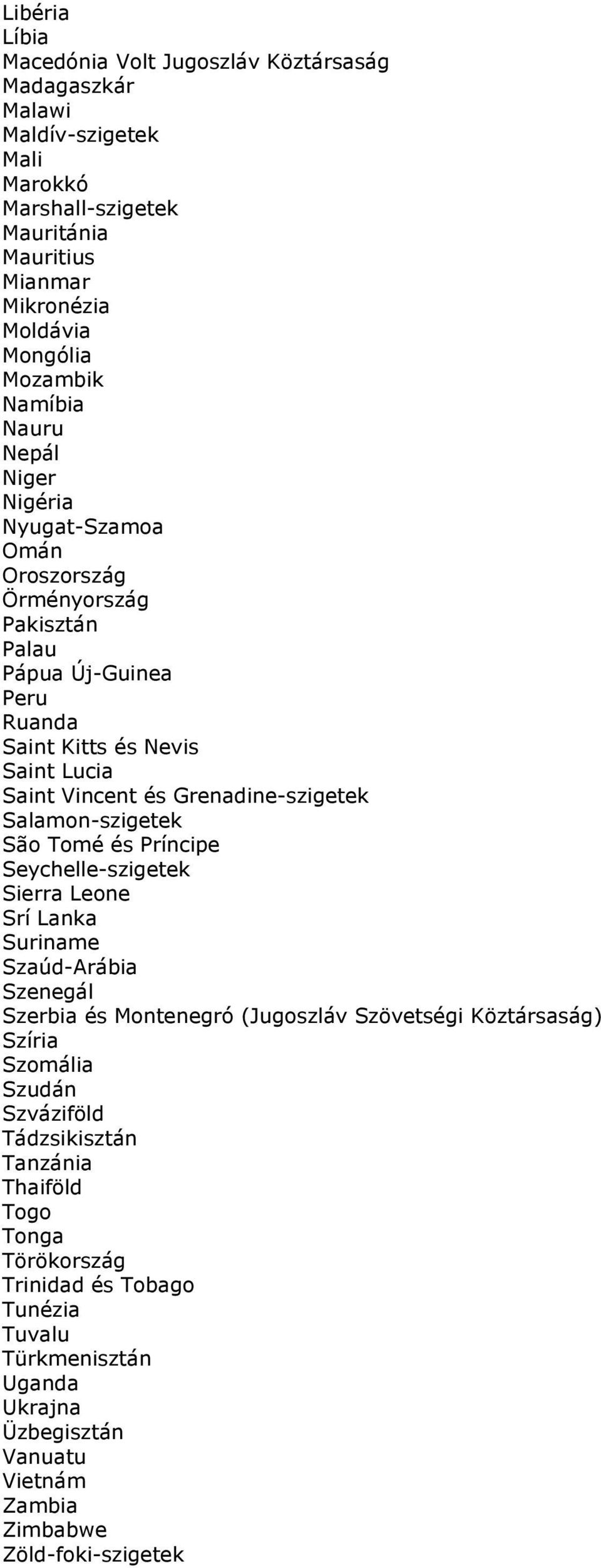 Grenadine-szigetek Salamon-szigetek São Tomé és Príncipe Seychelle-szigetek Sierra Leone Srí Lanka Suriname Szaúd-Arábia Szenegál Szerbia és Montenegró (Jugoszláv Szövetségi Köztársaság)