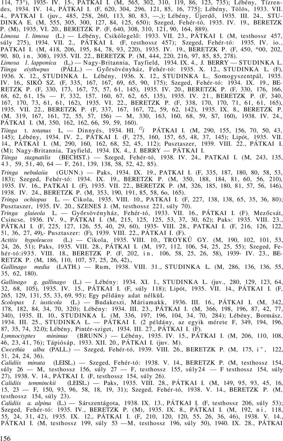 Limosa 1. limosa (L.) Lébény, Csikólegelő: 1933. VII. 23., PÁTKAI I. (M, testhossz 457, súly 275), 1934. VII. 2., PÁTKAI I. (F, testhossz 457); Szeged, Fehér-tó: 1935. IV. io., PATKAI I.