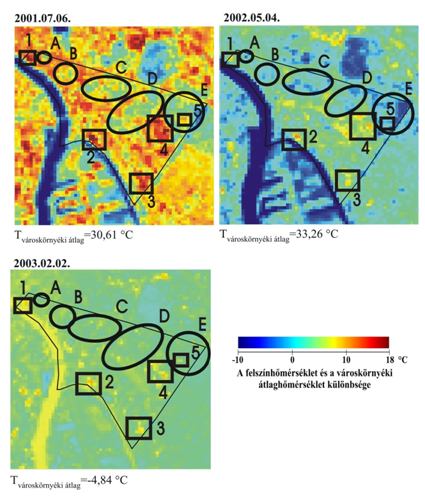 4.2. ASTER adatok Az 1 km-es felbontású MODIS szenzor méréseiből származó felszínhőmérséklet és hősziget-intenzitás adatokon kívül rendelkezésünkre álltak a finomabb felbontású, 90 m-es ASTER szenzor