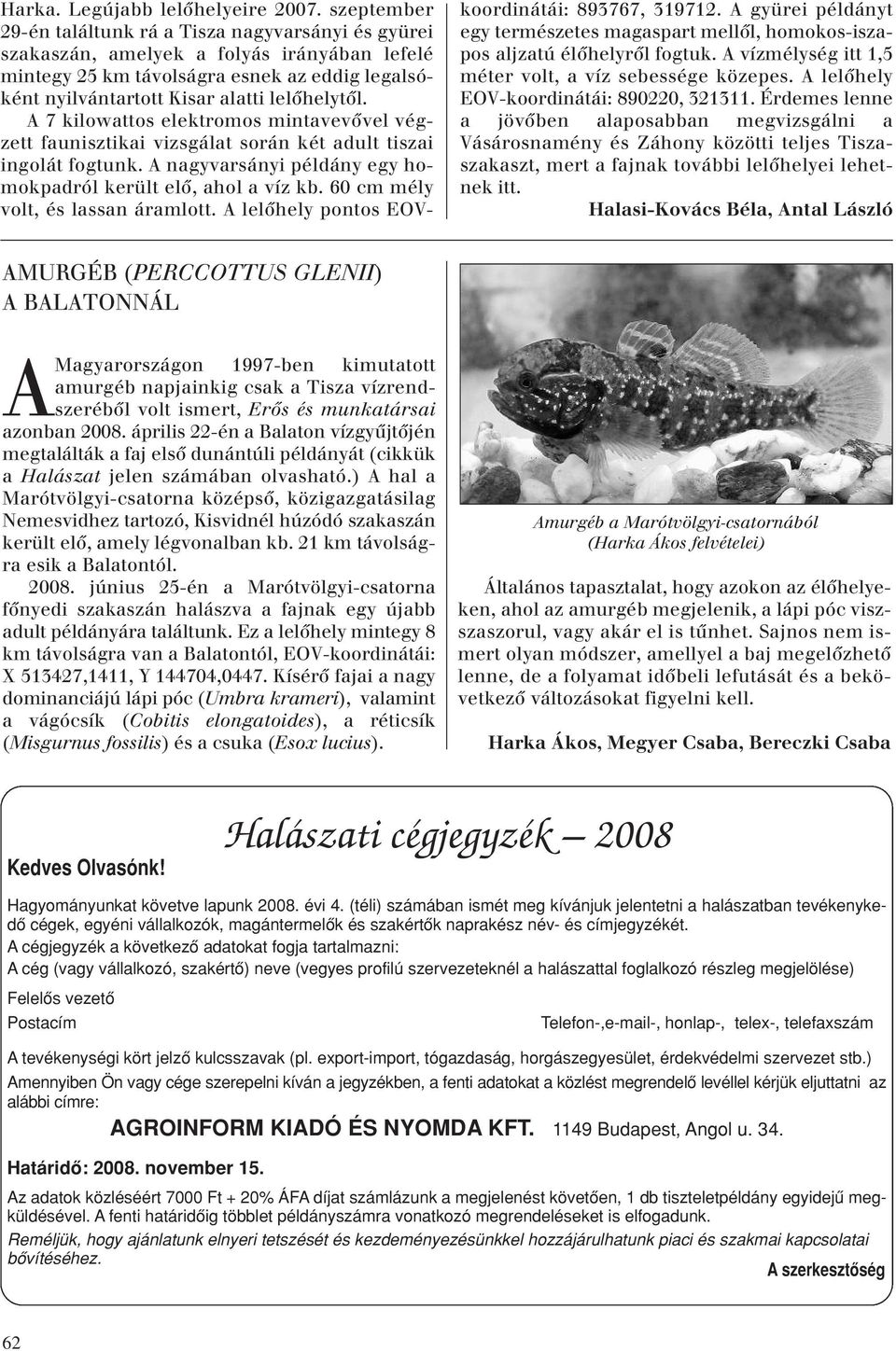 A 7 kilowattos elektromos mintavevôvel végzett faunisztikai vizsgálat során két adult tiszai ingolát fogtunk. A nagyvarsányi példány egy homokpadról került elô, ahol a víz kb.