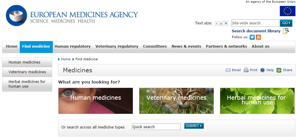 EMA adatbázis Medicines search A medicines 'Quick search' bar is featured on the homepage under 'Search for medicines'.