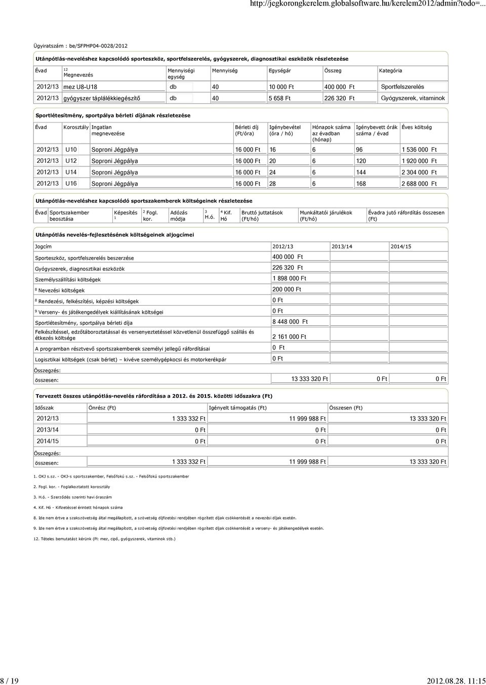 U8-U18 40 10 00 400 00 gyógyszer táplálékkiegészítő 40 5 658 Ft 226 32 Sportlétesítmény, sportpálya bérleti díjának részletezése Évad Korosztály Ingatlan megnevezése Bérleti díj (Ft/óra) Igénybevétel