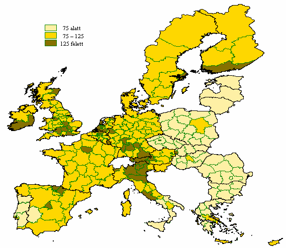 GAZDASÁGI EGYENLŐTLENSÉGEK A KIBŐVÜLT EURÓPAI UNIÓBAN 575 Egy főre jutó GDP az EU régióiban Az országok után áttérünk az Európai Unió területbeosztási rendszerének (NUTS) 2.