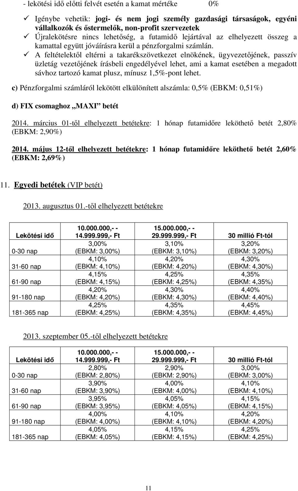 A feltételektől eltérni a takarékszövetkezet elnökének, ügyvezetőjének, passzív üzletág vezetőjének írásbeli engedélyével lehet, ami a kamat esetében a megadott sávhoz tartozó kamat plusz, mínusz