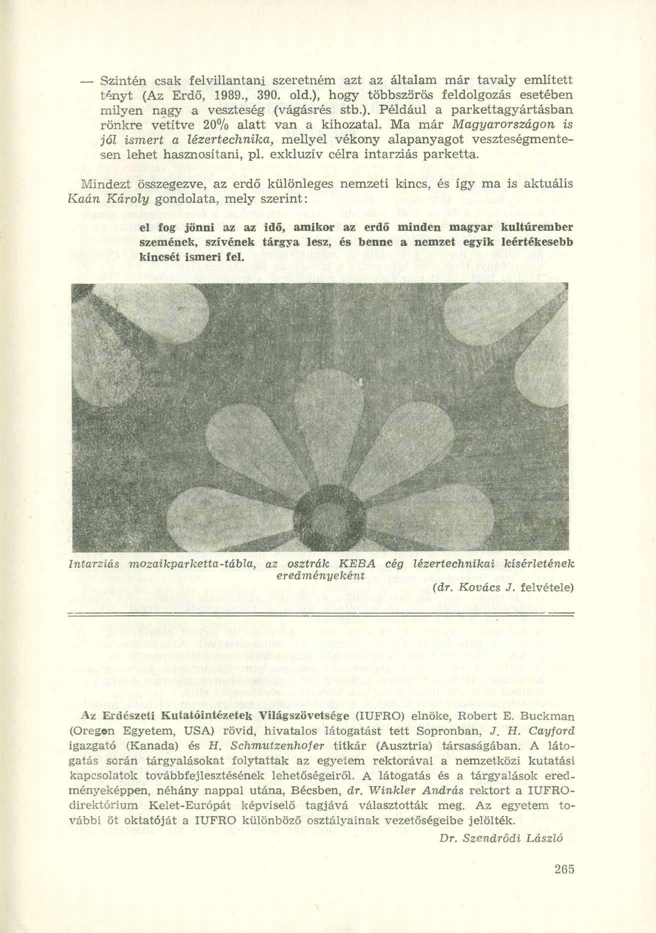 Szintén csak felvillantani szeretném azt az általam már tavaly említett t»nyt (Az Erdő, 989., 390. old.), hogy többszörös feldolgozás esetében milyen nagy a veszteség (vágásrés stb.). Például a parkettagyártásban rönkre vetítve 20% alatt van a kihozatal.
