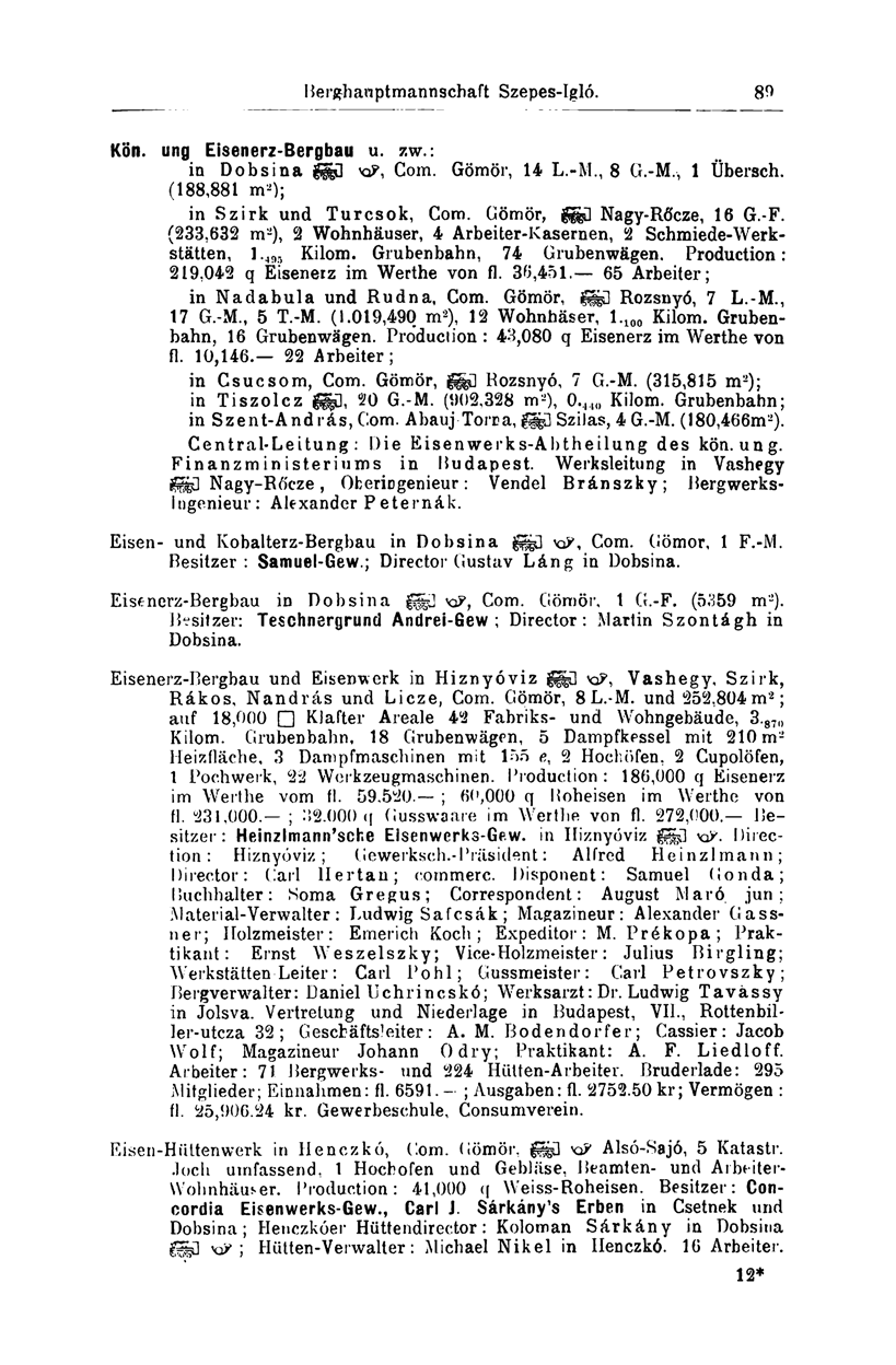 Berghanptmannschaft Szepes-Igló. 89 Kön. ung Eisenerz-Bergbau u. zw.: in Dobsina FGJL KP, Com. Gömör, 14 L.-M., 8 G.-M,, 1 Übersch. (188,881 m a ); in Szirk und Turcsok, Gom.