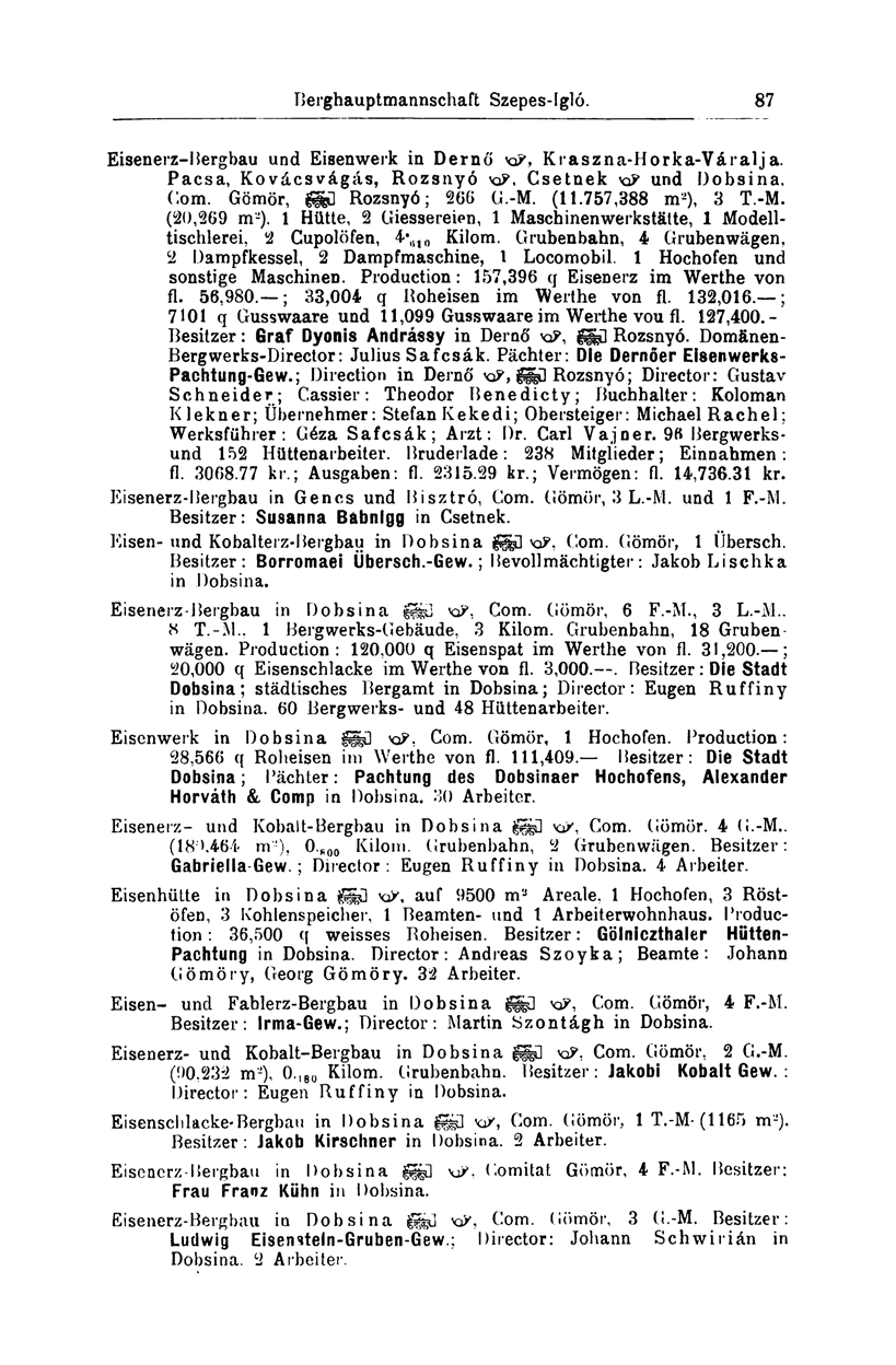 Berghauptmannschaft Szepes-Igló. 87 Eisenerz-Bergbau und Eisenwerk in Dernő KP, Kraszna-Horka-Váralj a. Pacsa, Kovácsvágás, Rozsnyó Csetnek und Dobsina, Com. Gömör, föű Rozsnyó; 266 G.-M. (11.