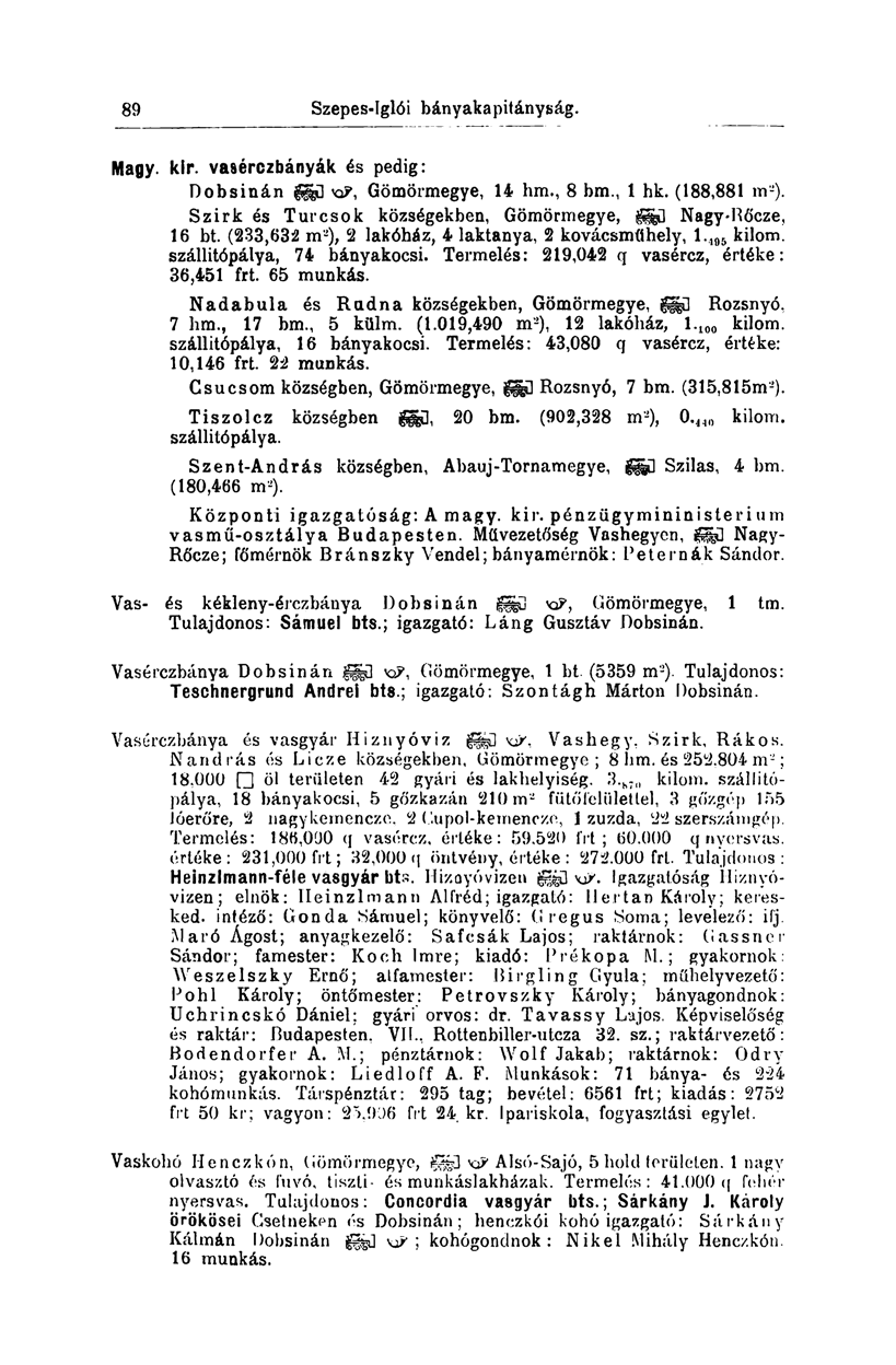 194 Szepes-Jglói bányakapitányság. Magy. kir. vaaérczbányák és pedig: Dobsinán fgfl iqp, Gömörmegye, 14 hm., 8 bm., 1 hk. (188,881 m-).