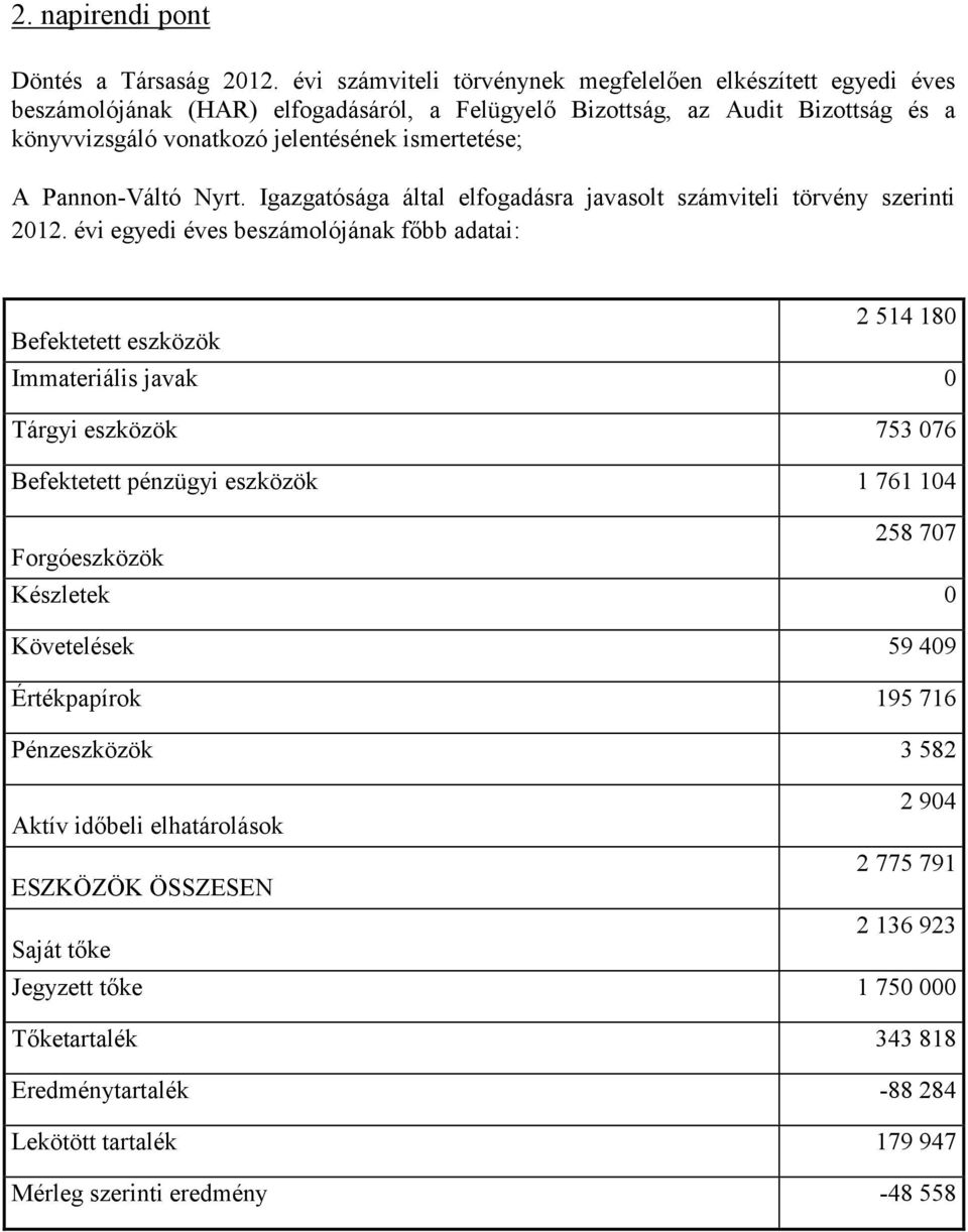 Pannon-Váltó Nyrt. Igazgatósága által elfogadásra javasolt számviteli törvény szerinti 2012.