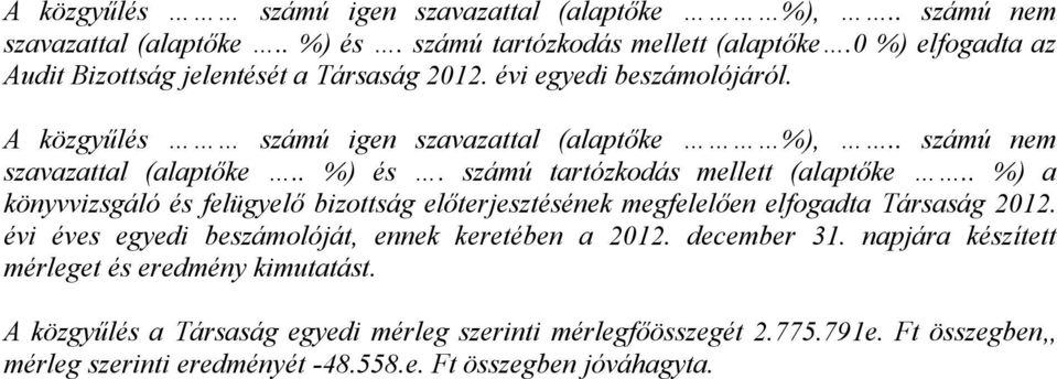 . %) a könyvvizsgáló és felügyelő bizottság előterjesztésének megfelelően elfogadta Társaság 2012. évi éves egyedi beszámolóját, ennek keretében a 2012. december 31.
