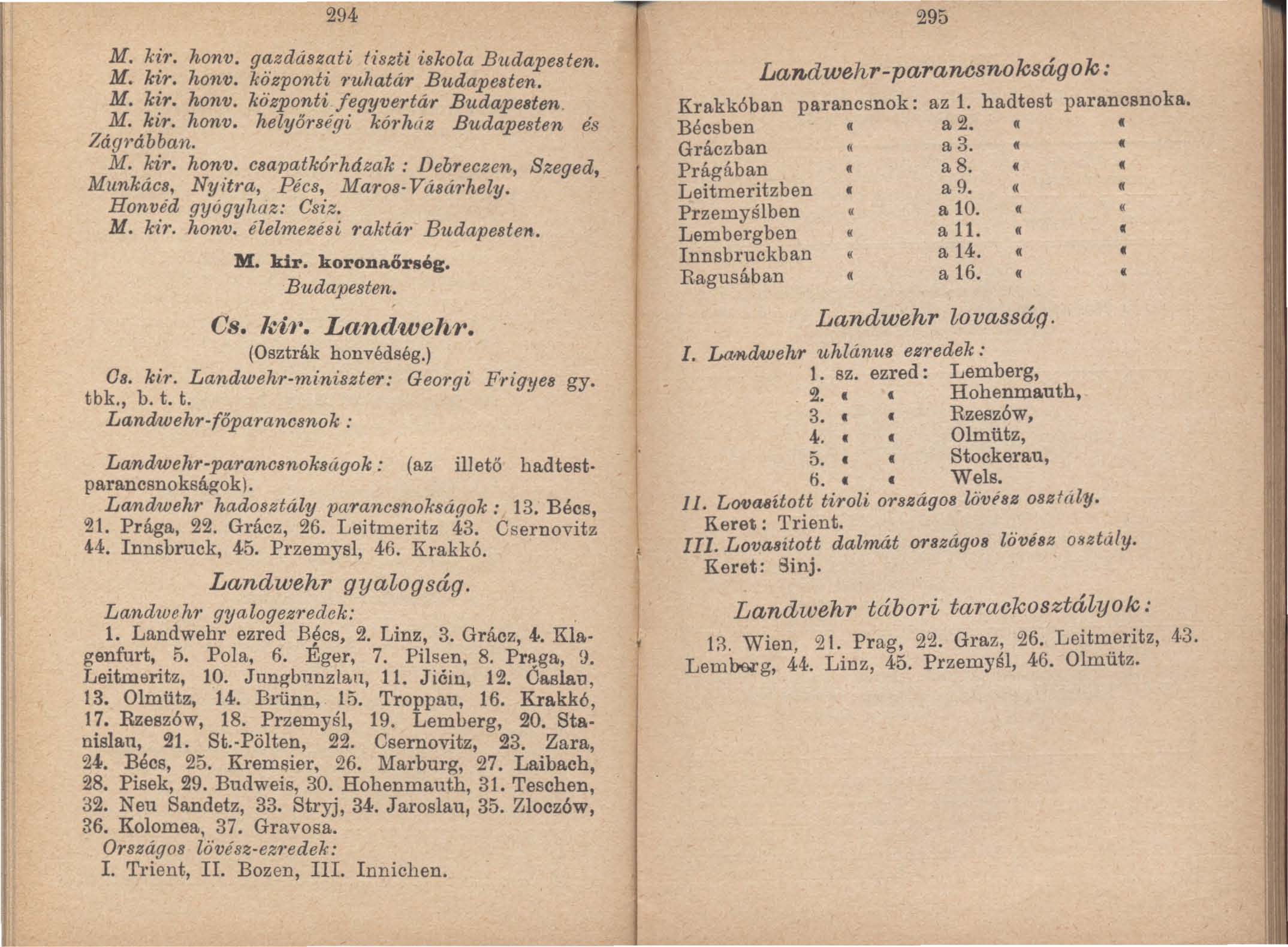 294 295 M. ki1. honv. gazdászati tiszti iskola B~tdapesten. M. kir. honv. központi 7'ullatár Budapesten. M. kir. honv. központi fegyvertá'r Budapesten, M. kir. honv. helyőrségi kó1'húz Budapesten és Zág1 ábban.