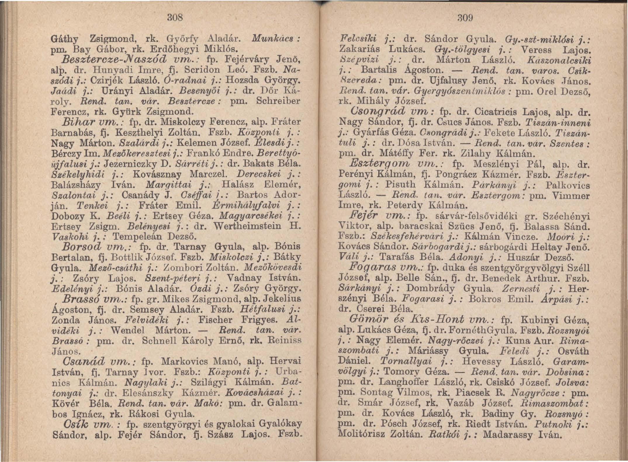 308 Gáthy Zsigmond, rk. Győrfy Aladár. Munkác8: pm. Bay Gábor, rk. Erdőhegyi Miklós. Besztercze-JYaszód vm.: fp. Fejérváry Jenö, a.lp. dr. Hunyadi Imre, fj. Scridon Leó. Fszb. Na Bz6di f.