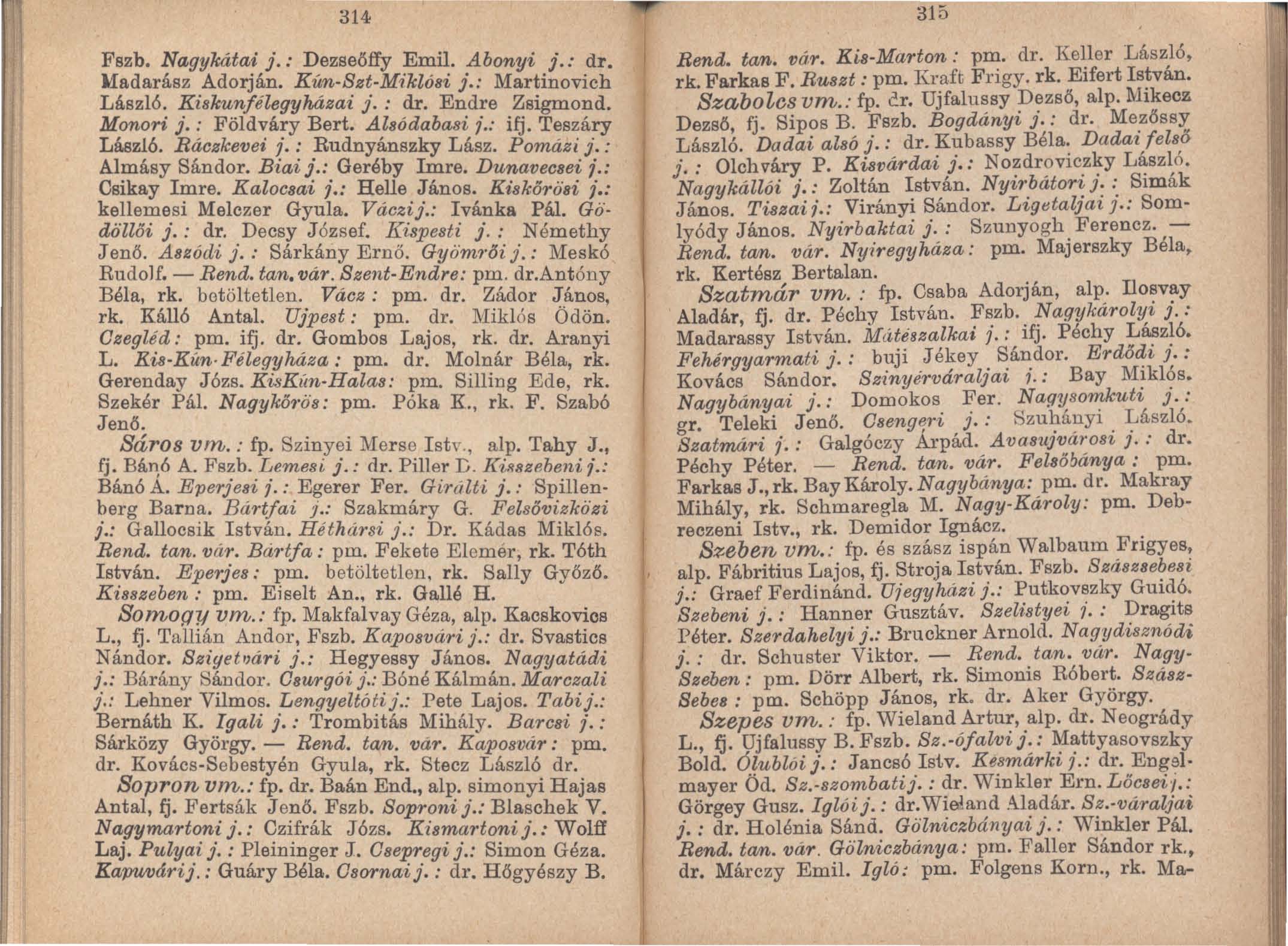 314 Fszb. Nagykátai j.: Dezseőffy Emil. Abonyi j.: dr. Madarász Adorján. Kún Szt-Miklósi j.: Martinovich László. Kiskunfélegyhálllai j.: dr. Endre Zsigmond. MonoN j.: Földváry Bert. Alsódaba8i f.