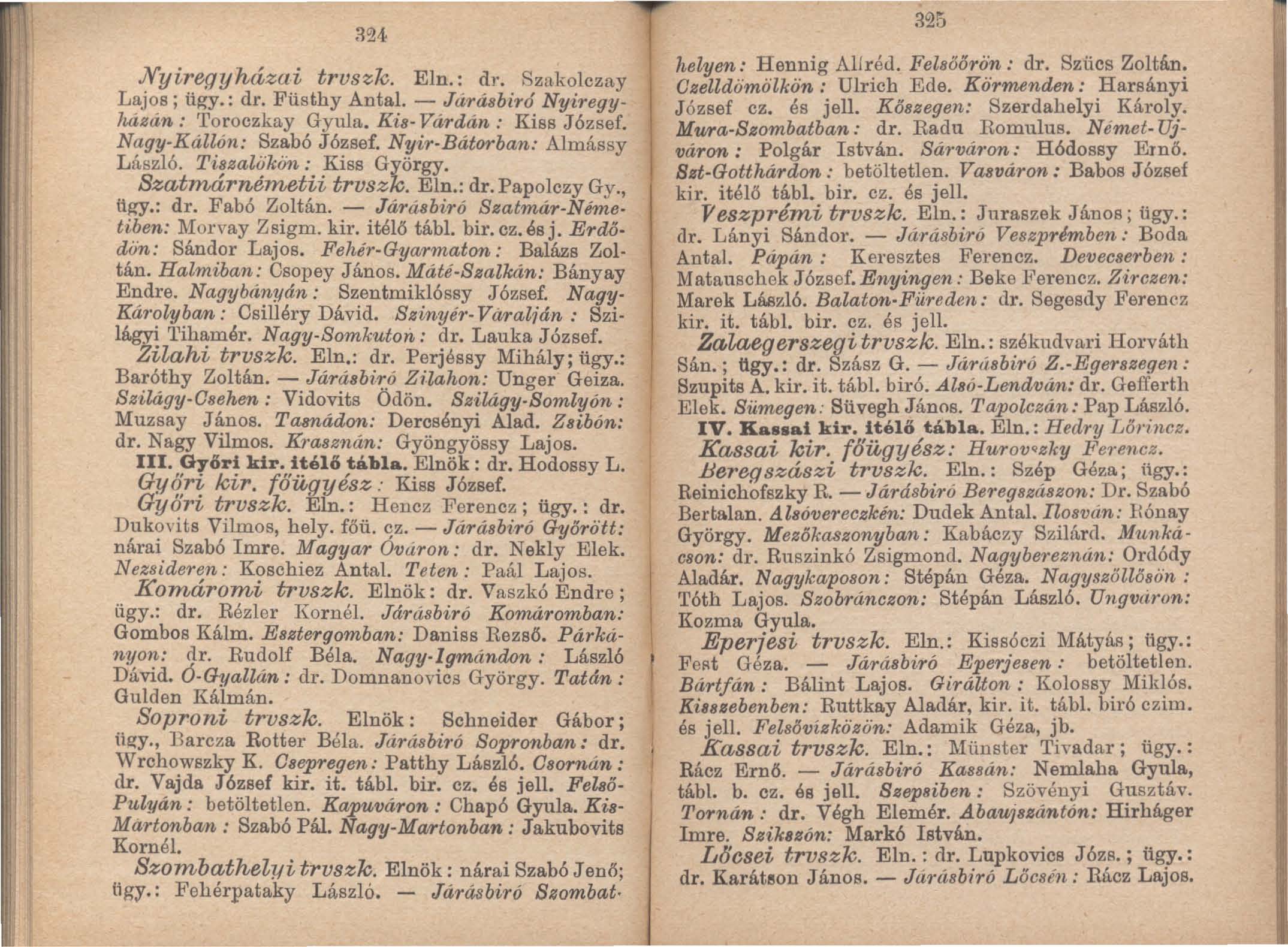324 Ny ireg y háza-i trvszlc. Ein.: dr. Szakolczay Lajos; ügy.: dr. Füsthy Antal. - Járásbiró Nyiregyházán : Toroezkay Gyula. Kia- Vát'dán: Kiss József. Nagy-Kállón: Szabó József.