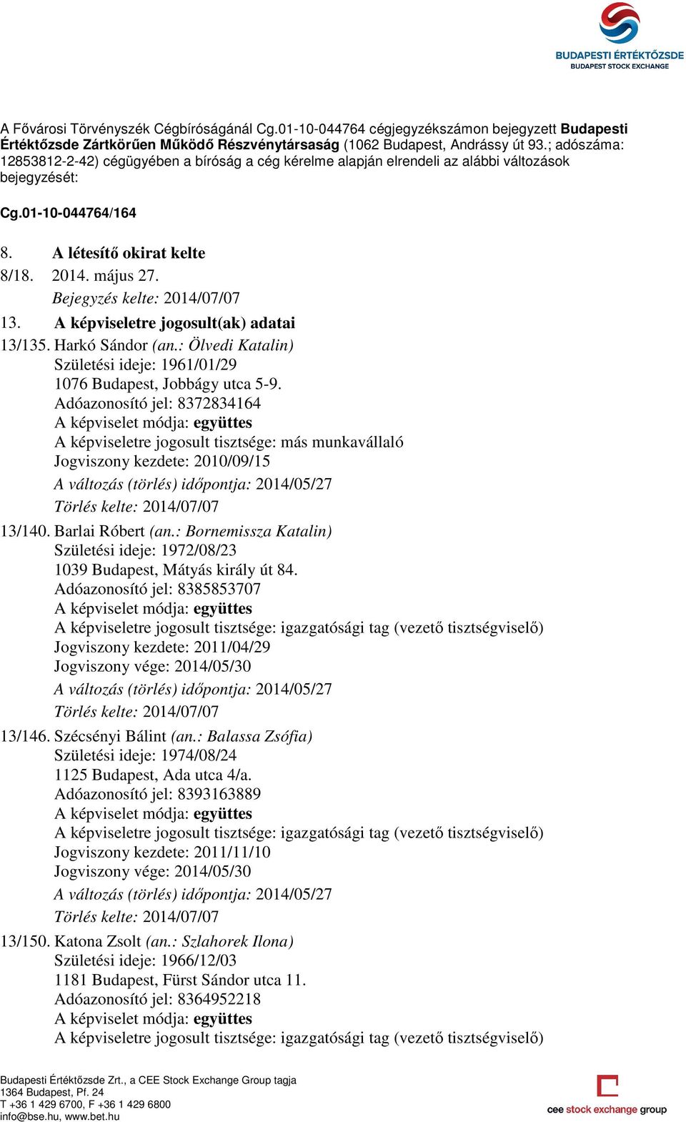 A képviseletre jogosult(ak) adatai 13/135. Harkó Sándor (an.: Ölvedi Katalin) Születési ideje: 1961/01/29 1076 Budapest, Jobbágy utca 5-9.