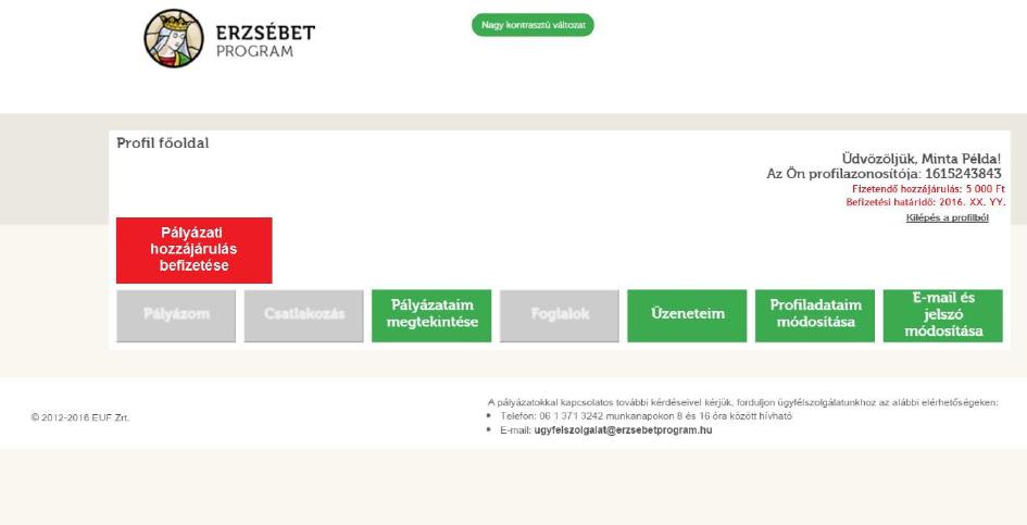 Pályázati hozzájárulás befizetése bankkártyával kiválasztása esetén a profilban tudja indítani a befizetést Amennyiben a pályázati hozzájárulás a megjelölt határidőig nem érkezik be az Alapítvány