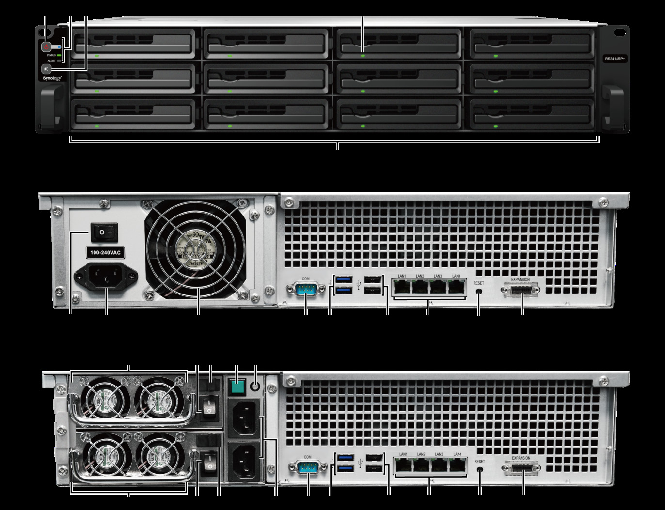 A Synology RackStation nagy vonalakban No. Cikk neve Hely Leírás 1) Tápfeszültség gomb 1. Nyomja meg a RackStation bekapcsolásához. 2.