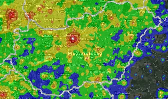 A zöld és kék szín elfogadható minőségű eget jelent +6m-s határfényességgel.