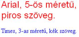 Karakterformátumok Forráskód <html> <head><title>html próbalap </title></head> <body> <p> <font size="5" face="arial" color="red"> Arial, 5-ös méretű,