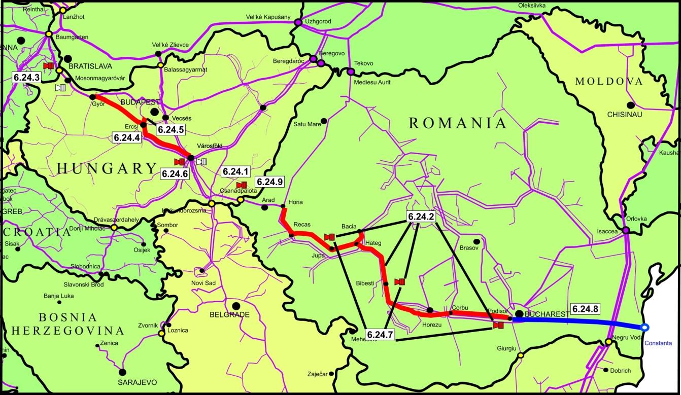 RO-HU-AT földgázszállítási folyosó A projektcsoport összesen 9 projektből áll, melyből 5 Magyarország, 3 Románia és 1 Ausztria területét érinti.