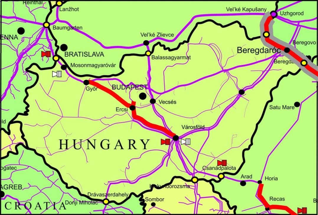 Az Eastring vezetékrendszer magyarországi szállítási útvonal lehetőségei: B opció - Román/Magyar határ, Csengersima mérőállomás - Beregdaróc - Zemplénagárd határszakaszoló -