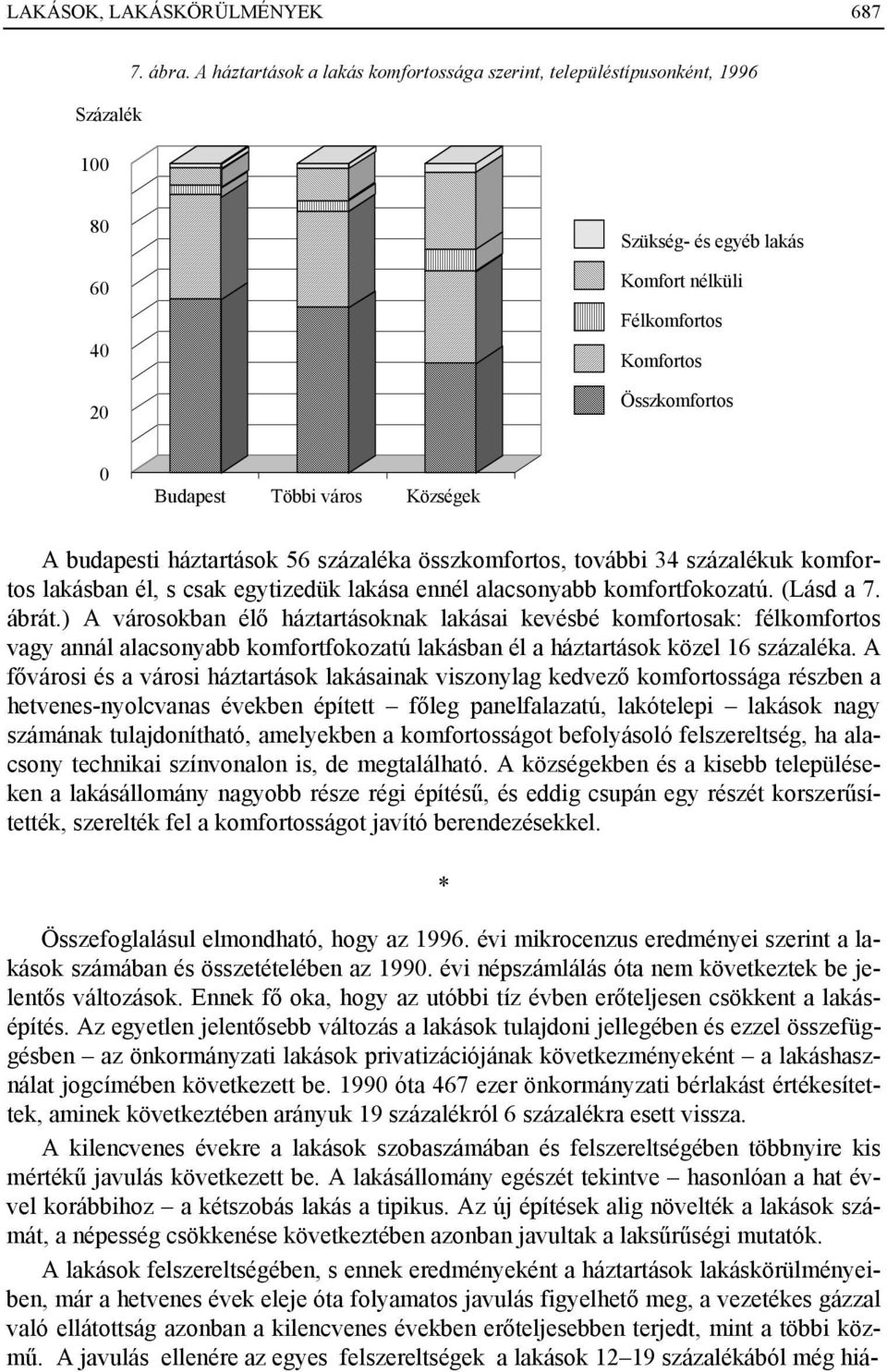 budapesti háztartások 56 százaléka összkomfortos, további 34 százalékuk komfortos lakásban él, s csak egytizedük lakása ennél alacsonyabb komfortfokozatú. (Lásd a 7. ábrát.