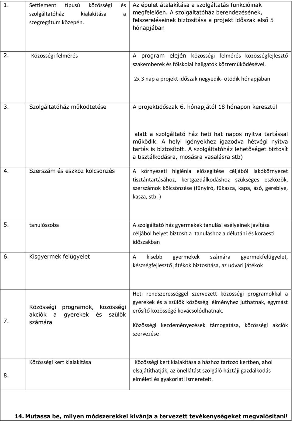 Közösségi felmérés A program elején közösségi felmérés közösségfejlesztő szakemberek és főiskolai hallgatók közreműködésével. 2x 3 nap a projekt időszak negyedik- ötödik hónapjában 3.