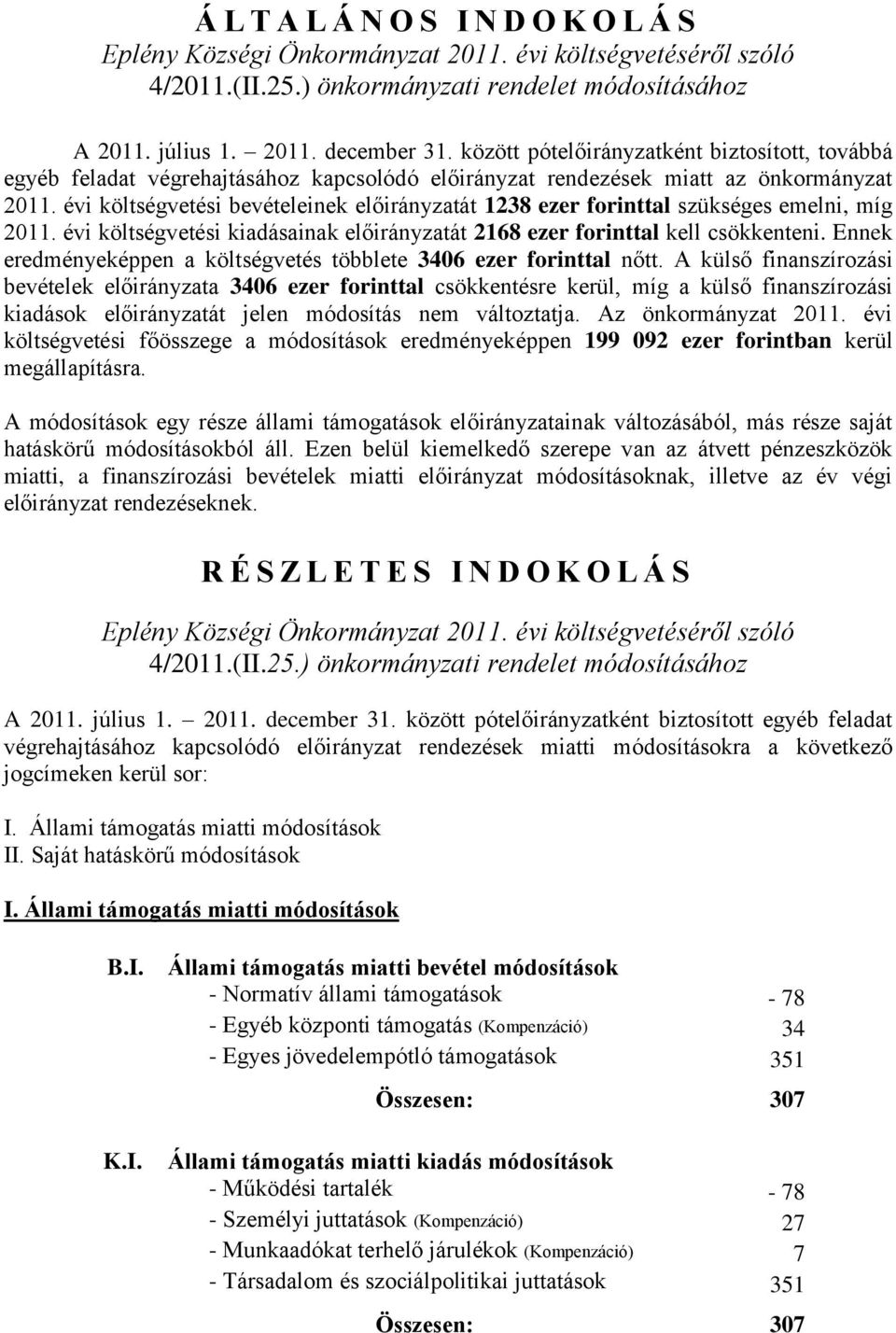 évi költségvetési bevételeinek előirányzatát 1238 ezer forinttal szükséges emelni, míg 2011. évi költségvetési kiadásainak előirányzatát 2168 ezer forinttal kell csökkenteni.