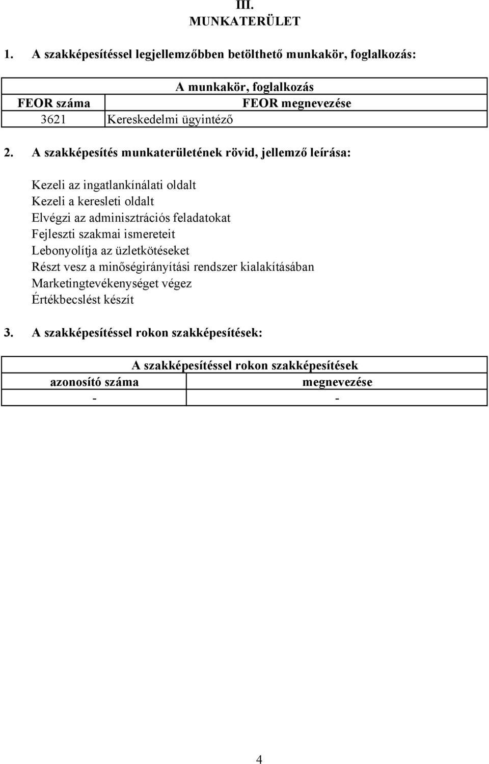 A szakképesítés munkaterületének rövid, jellemző leírása: Kezeli az ingatlankínálati oldalt Kezeli a keresleti oldalt Elvégzi az adminisztrációs