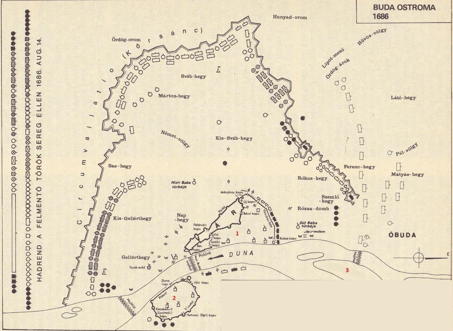 7. feladat Buda ostroma, térképen. (Magyarország hadtörténete 1. kötet, Zrínyi Kiadó, 1984. 312. o.) a) Állapítsa meg, mi áll a térképen a számmal jelölt helyeknél!