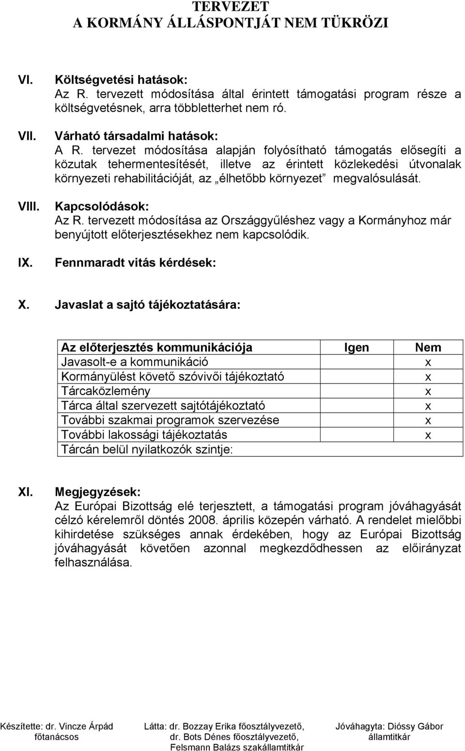 Kapcsolódások: Az R. tervezett módosítása az Országgyűléshez vagy a Kormányhoz már benyújtott előterjesztésekhez nem kapcsolódik. Fennmaradt vitás kérdések: X.