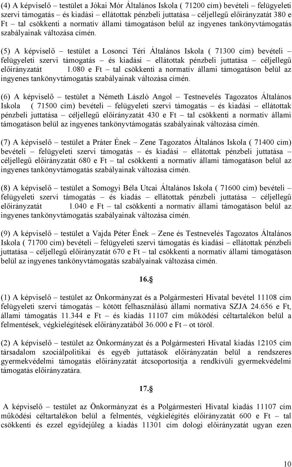 (5) A képviselő testület a Losonci Téri Általános Iskola ( 71300 cím) bevételi felügyeleti szervi támogatás és kiadási ellátottak pénzbeli juttatása céljellegű előirányzatát 1.