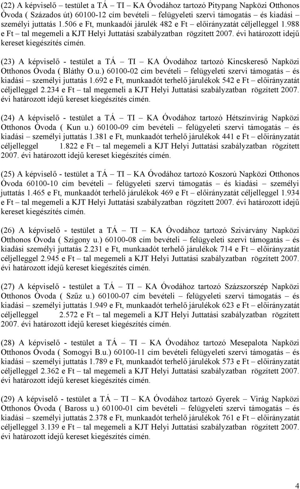 (23) A képviselő - testület a TÁ TI KA Óvodához tartozó Kincskereső Napközi Otthonos Óvoda ( Bláthy O.u.) 60100-02 cím bevételi felügyeleti szervi támogatás és kiadási személyi juttatás 1.