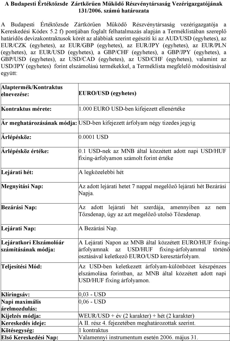 2 f) pontjában foglalt felhatalmazás alapján a Terméklistában szereplő határidős devizakontraktusok körét az alábbiak szerint egészíti ki az AUD/USD (egyhetes), az EUR/CZK (egyhetes), az EUR/GBP