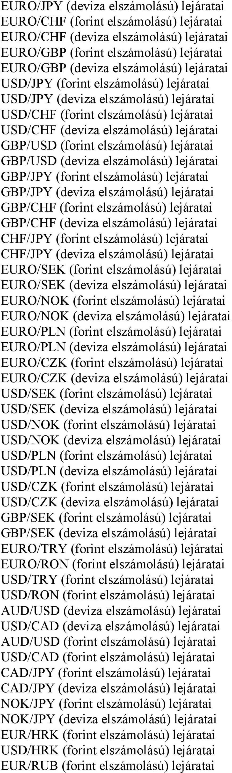 GBP/USD (deviza elszámolású) lejáratai GBP/JPY (forint elszámolású) lejáratai GBP/JPY (deviza elszámolású) lejáratai GBP/CHF (forint elszámolású) lejáratai GBP/CHF (deviza elszámolású) lejáratai