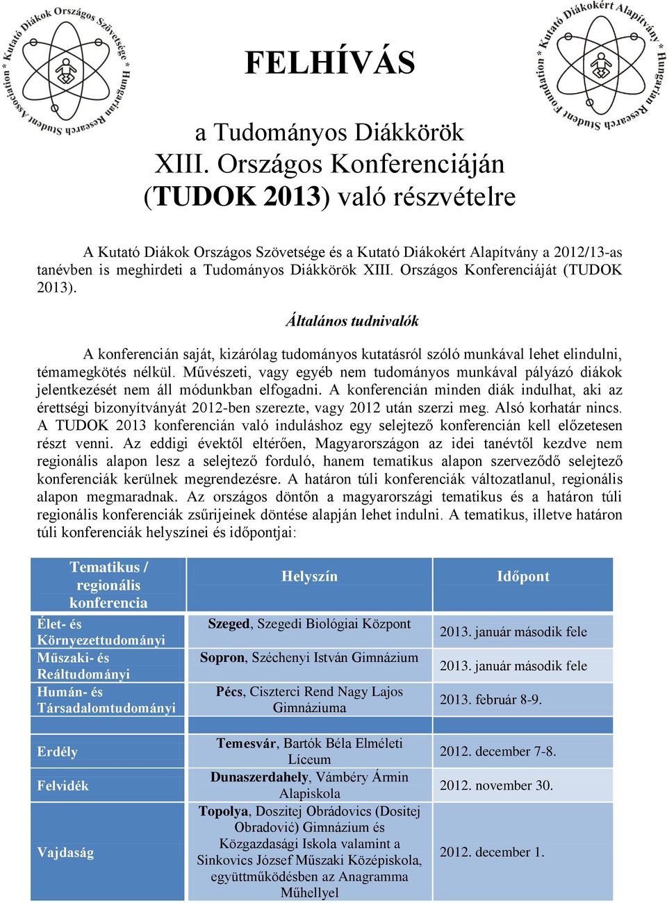 Országos Konferenciáját (TUDOK 2013). Általános tudnivalók A konferencián saját, kizárólag tudományos kutatásról szóló munkával lehet elindulni, témamegkötés nélkül.