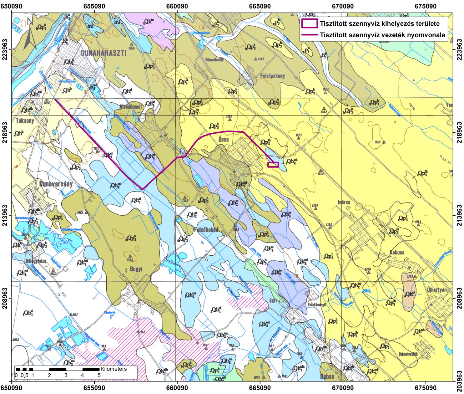 Vizsgált terület felszíni földtani térképe Tisztított szennyvíz kihelyezés területe: - Újholocén mésziszap ( l Qh 2 mi ) - Felső-pleisztocén löszös homok ( e Qp 3 lh ) Tisztított szennyvíz vezeték