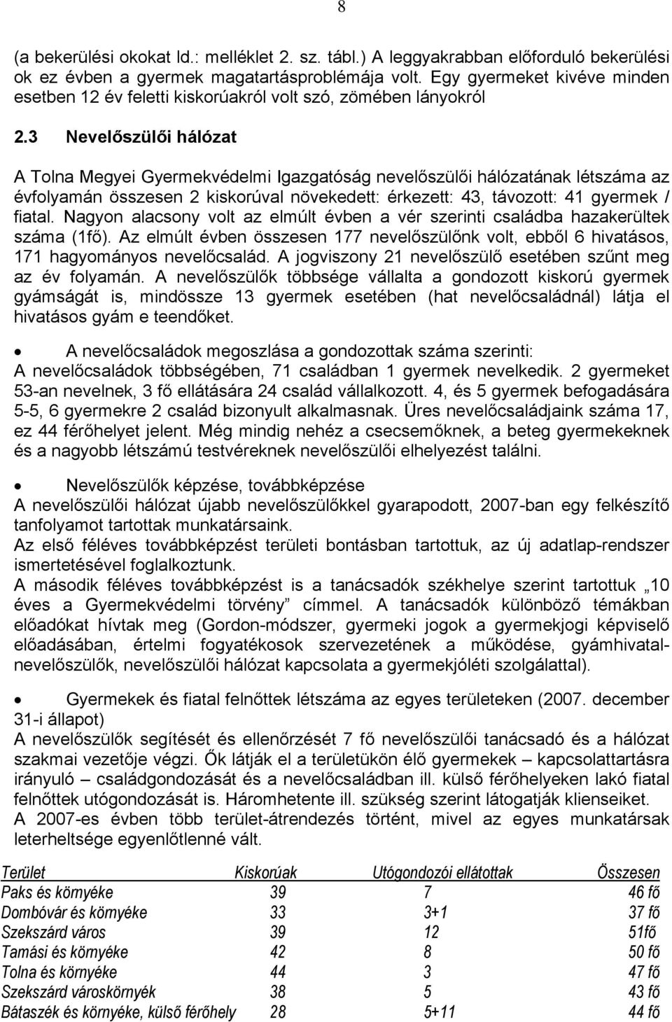 3 Nevelőszülői hálózat A Tolna Megyei Gyermekvédelmi Igazgatóság nevelőszülői hálózatának létszáma az évfolyamán összesen 2 kiskorúval növekedett: érkezett: 43, távozott: 41 gyermek / fiatal.