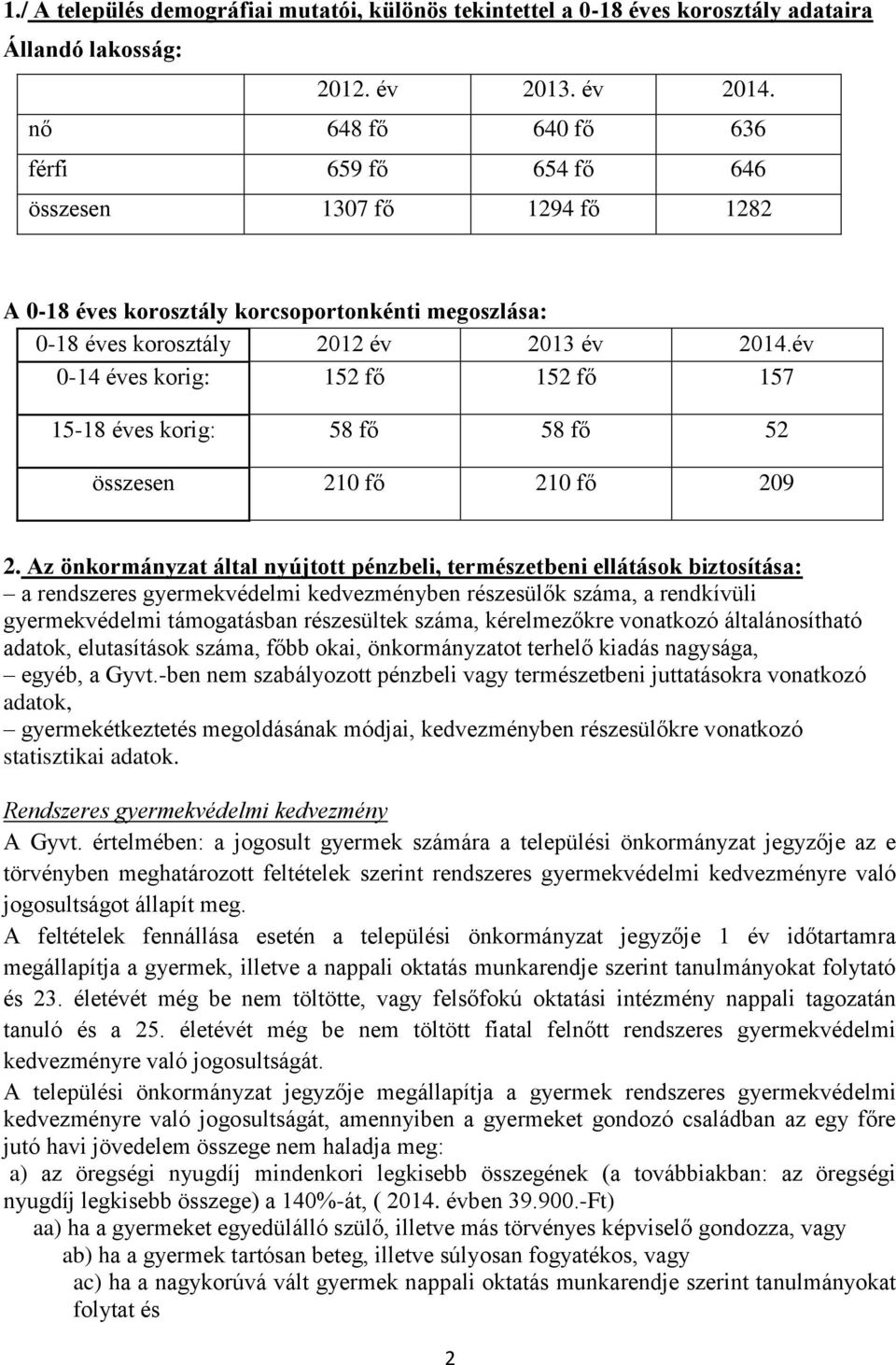 év 0-14 éves korig: 152 fő 152 fő 157 15-18 éves korig: 58 fő 58 fő 52 összesen 210 fő 210 fő 209 2.