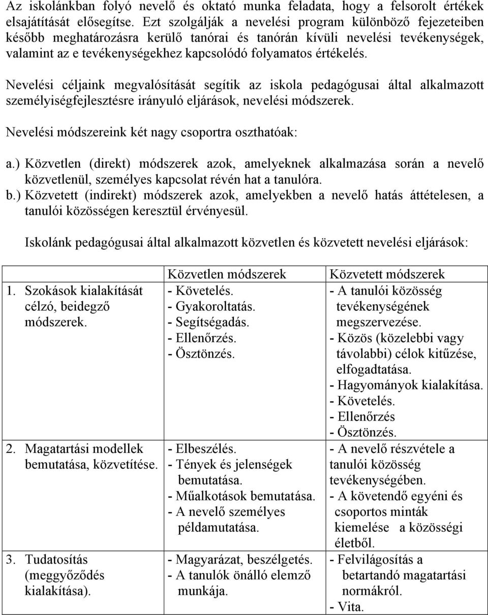 Nevelési céljaink megvalósítását segítik az iskola pedagógusai által alkalmazott személyiségfejlesztésre irányuló eljárások, nevelési módszerek. Nevelési módszereink két nagy csoportra oszthatóak: a.