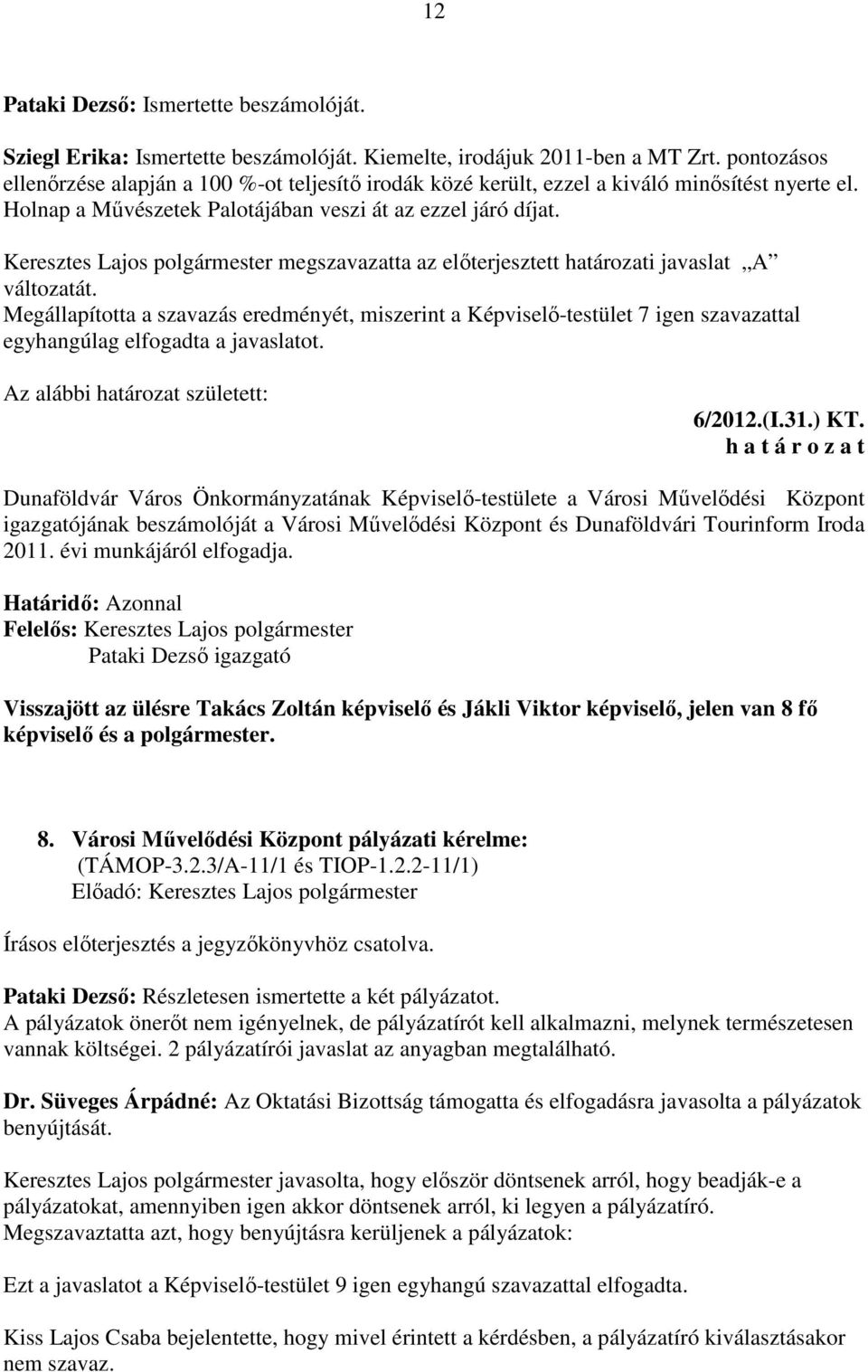 Keresztes Lajos polgármester megszavazatta az előterjesztett határozati javaslat A változatát.