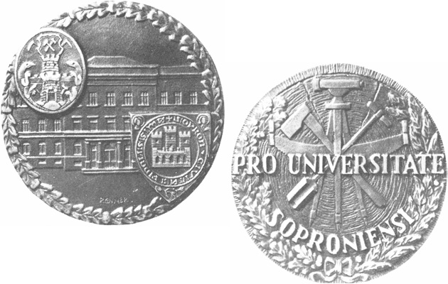 E F E A soproni 5 8 Egyetemért plakett 2-304 E: Két kis megszakítással a szélen körbefutó tölgylevél koszorú. Középen az Egyetem főépülete, balra fent Selmecbánya, jobbra lent Sopron város címere.