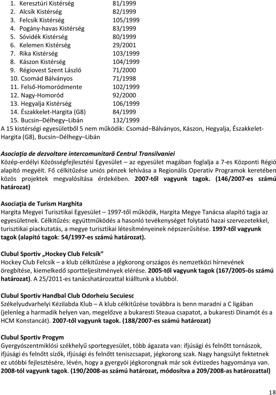 Hegyalja Kistérség 106/1999 14. Északkelet-Hargita (G8) 84/1999 15.