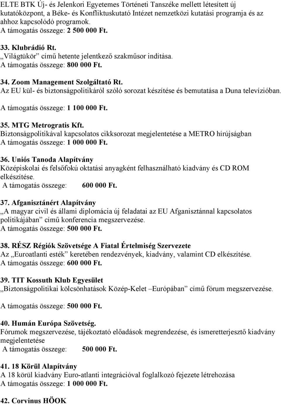 Az EU kül- és biztonságpolitikáról szóló sorozat készítése és bemutatása a Duna televízióban. A támogatás összege: 1 100 000 Ft. 35. MTG Metrogratis Kft.