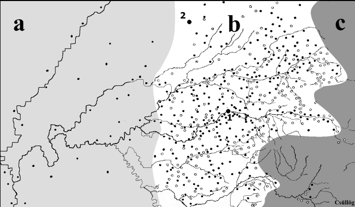 1. ábra: A tartósan rögzült települések sűrűségi eltérései a Berettyó és a Körösök mentén a 11 13. században (Jakó Zs. Maksai F. Győrffy Gy.