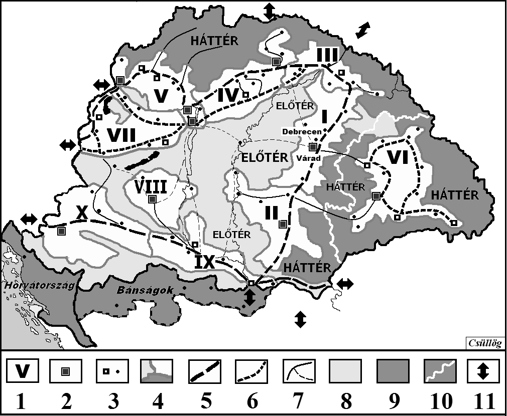 2. ábra: Magyarország nagymedencei térszerkezete a 14 16. században 1. térkapcsolati régiók: I. Tiszántúl II. Temesi délvidék III. Kelet-Tiszáninnen IV. Nyugat-Tiszáninnen V. Dunáninnen VI.