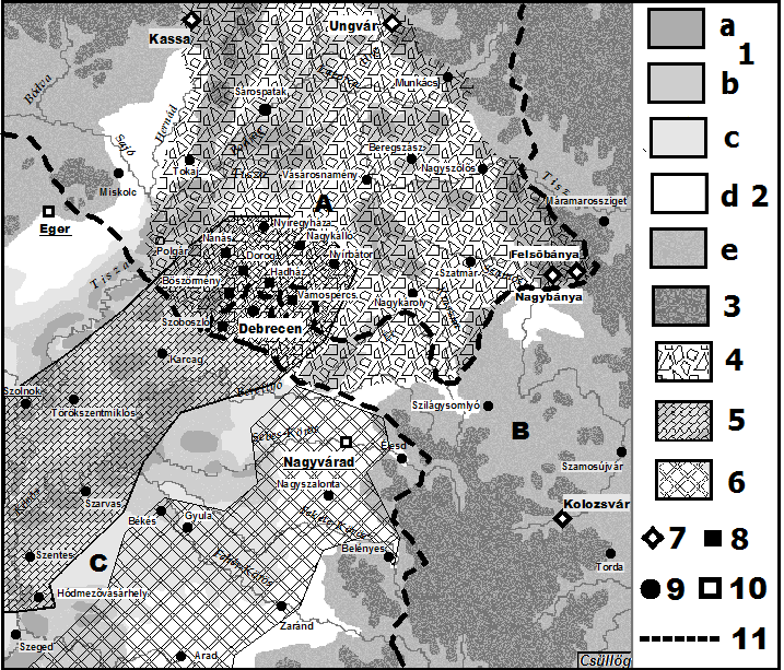 3. ábra: Partium az 1660-as években 1. folyó-térszín: a) ritka településhálózatú, tartósan vízzel borított felszínek b) ritka településhálózatú, időszakosan vízzel borított felszínek 2.